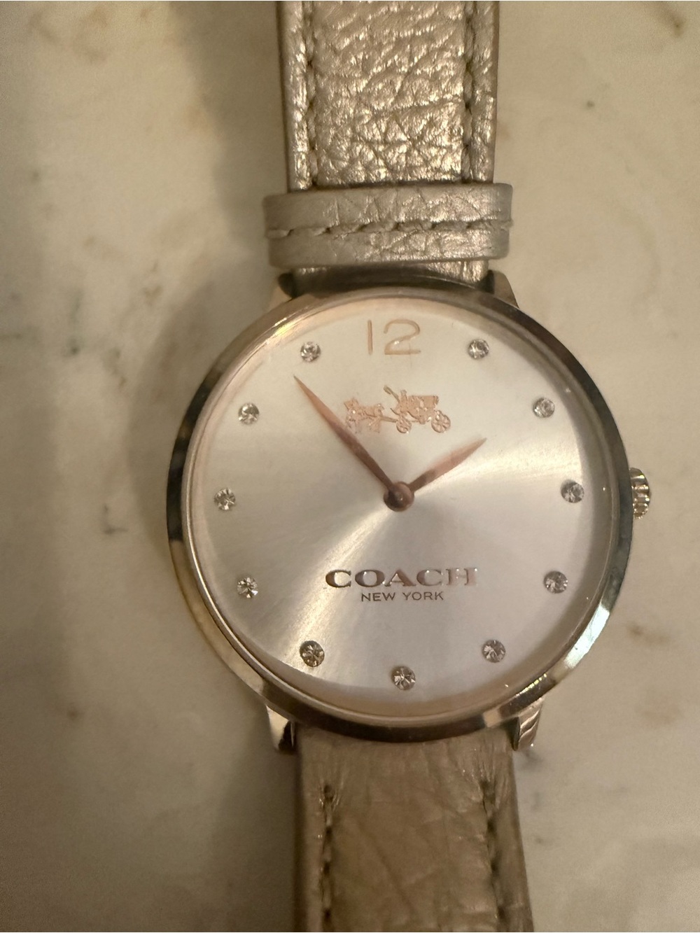 Coach Platinum Rose Tone Dial Watch with Metallic Leather Strap